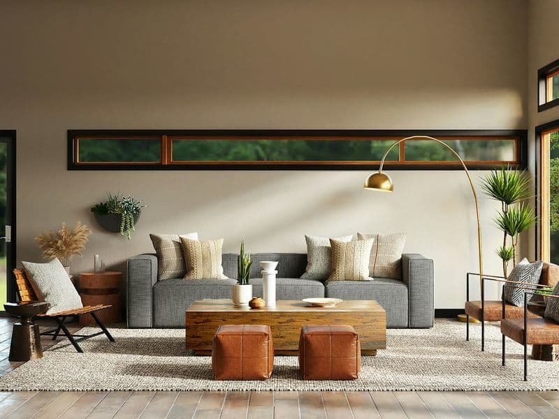 Sunlit living room with a grey sofa, leather ottomans and natural textures