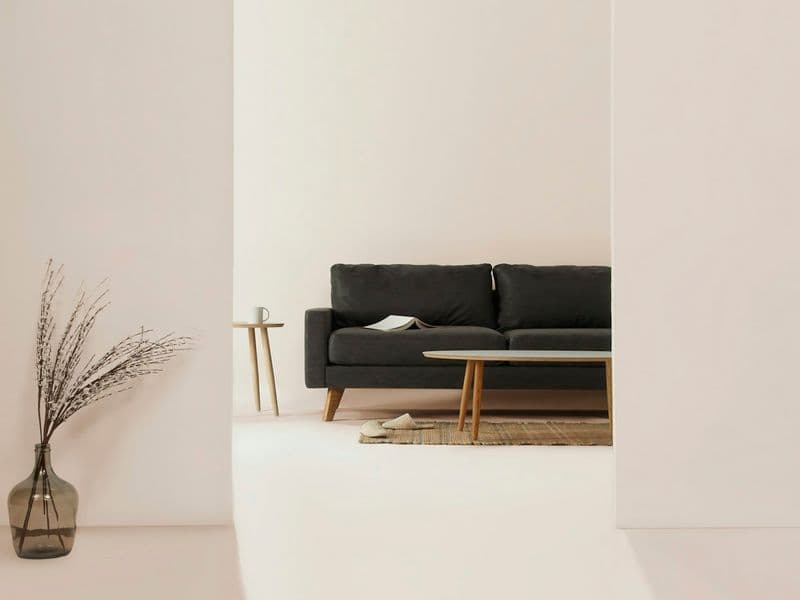Minimal white living space with a low sofa and dried grasses